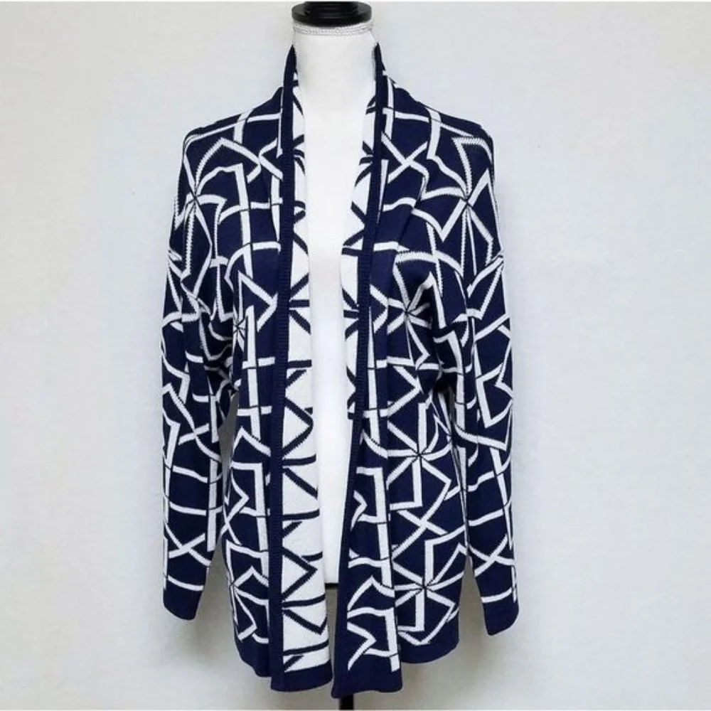 60s Vintage Dalton Blue White Geometric Print Union ILGWU Open Front Cardigan M